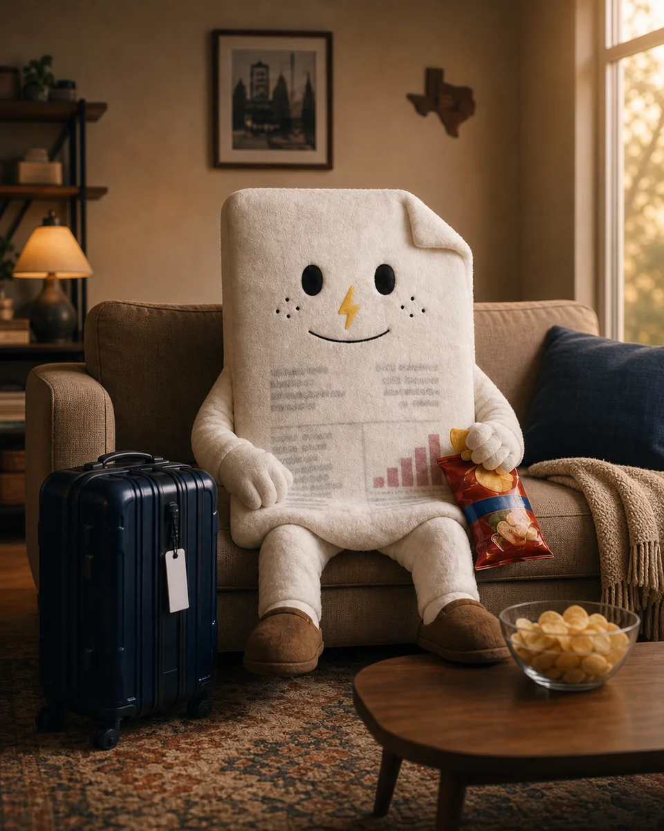 Bill, nuestra mascota con forma de recibo de luz, instalado en el sofá con su maleta y papitas.